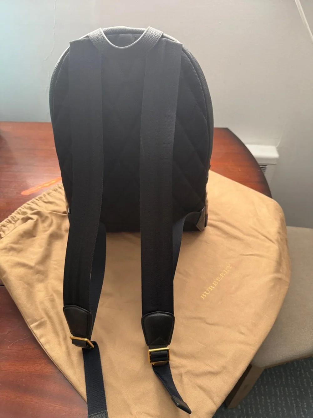 Burberry Tan Canvas Backpack with Black Leather and Red Stripe - Picture 2 of 6